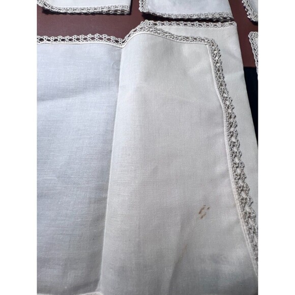 Vintage Handmade White Linen Embroidered 11 " Napkins Lace Trim Set of 6 - Picture 9 of 11